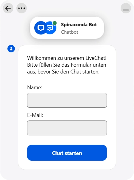 Spinaconda Casino LiveChat Startfenster mit Chatbot-Begrüßung