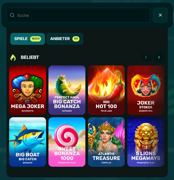 Spielsuche in der Lobby des Spinaconda Casinos mit Suchfeld und Spielekategorien