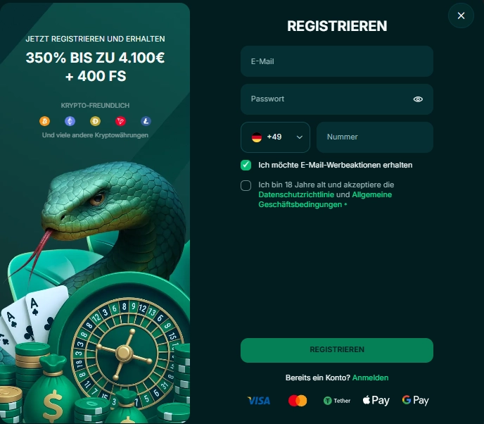 Registrierung und Login im Spinaconda Casino mit Anmeldeformular